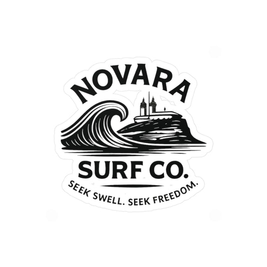 Novara Surf Co. Kiss-Cut Vinyl Sticker — Wave & Lighthouse Decal, “Seek Swell. Seek Freedom.”