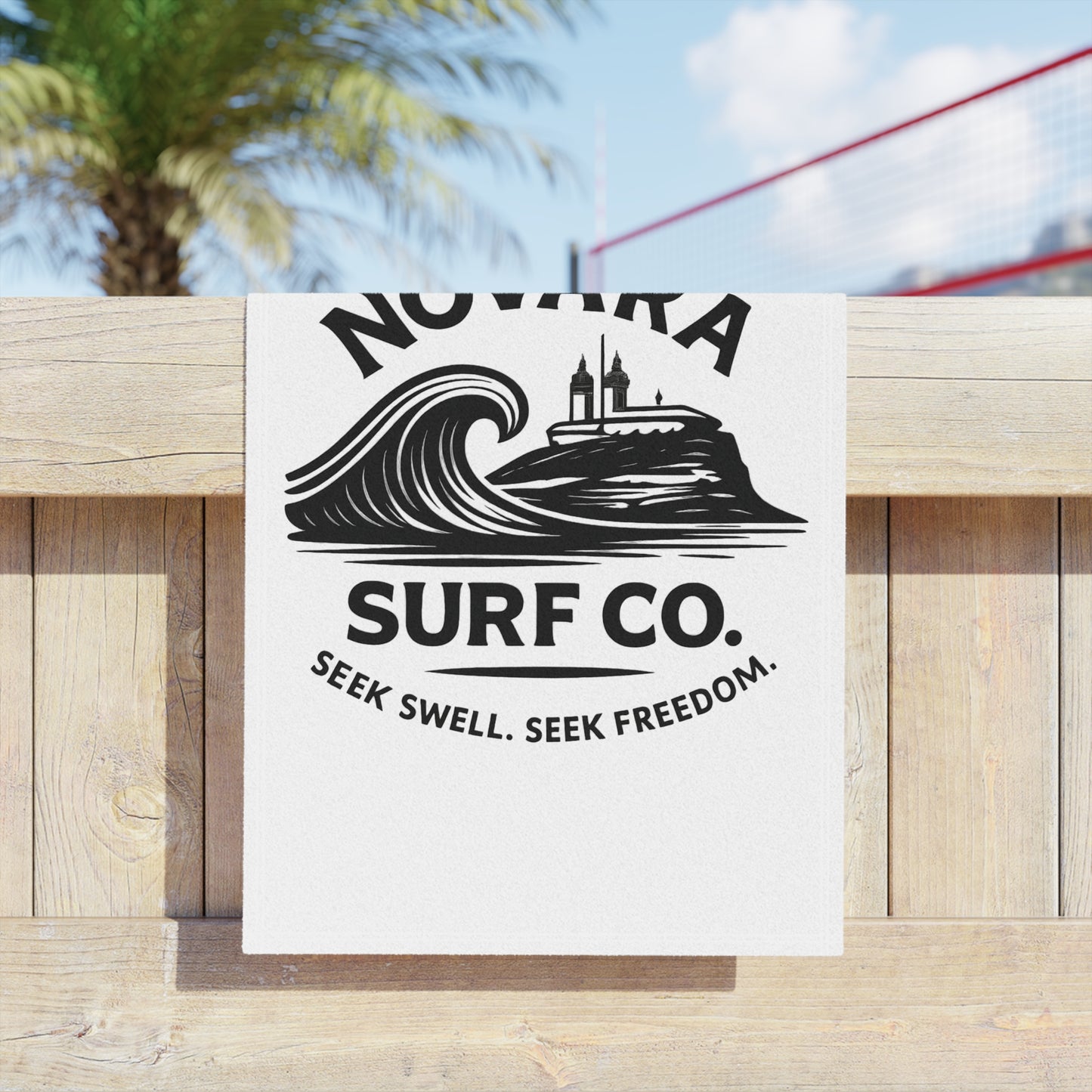 Novara Surf Co. Beach Towel — 'Seek Swell, Seek Freedom' Coastal Surf Logo Towel