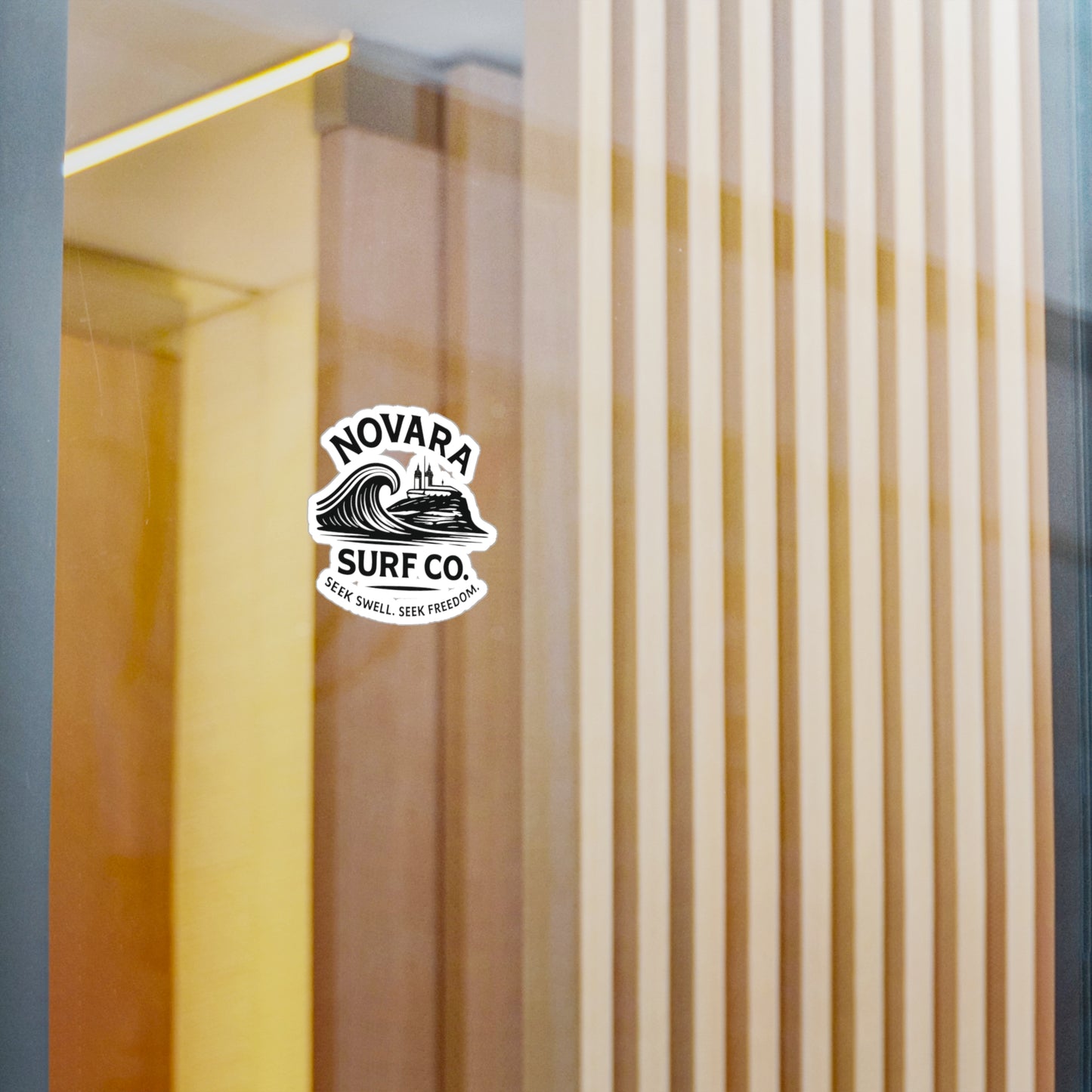 Novara Surf Co. Kiss-Cut Vinyl Sticker — Wave & Lighthouse Decal, “Seek Swell. Seek Freedom.”