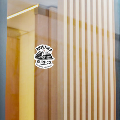 Novara Surf Co. Kiss-Cut Vinyl Sticker — Wave & Lighthouse Decal, “Seek Swell. Seek Freedom.”