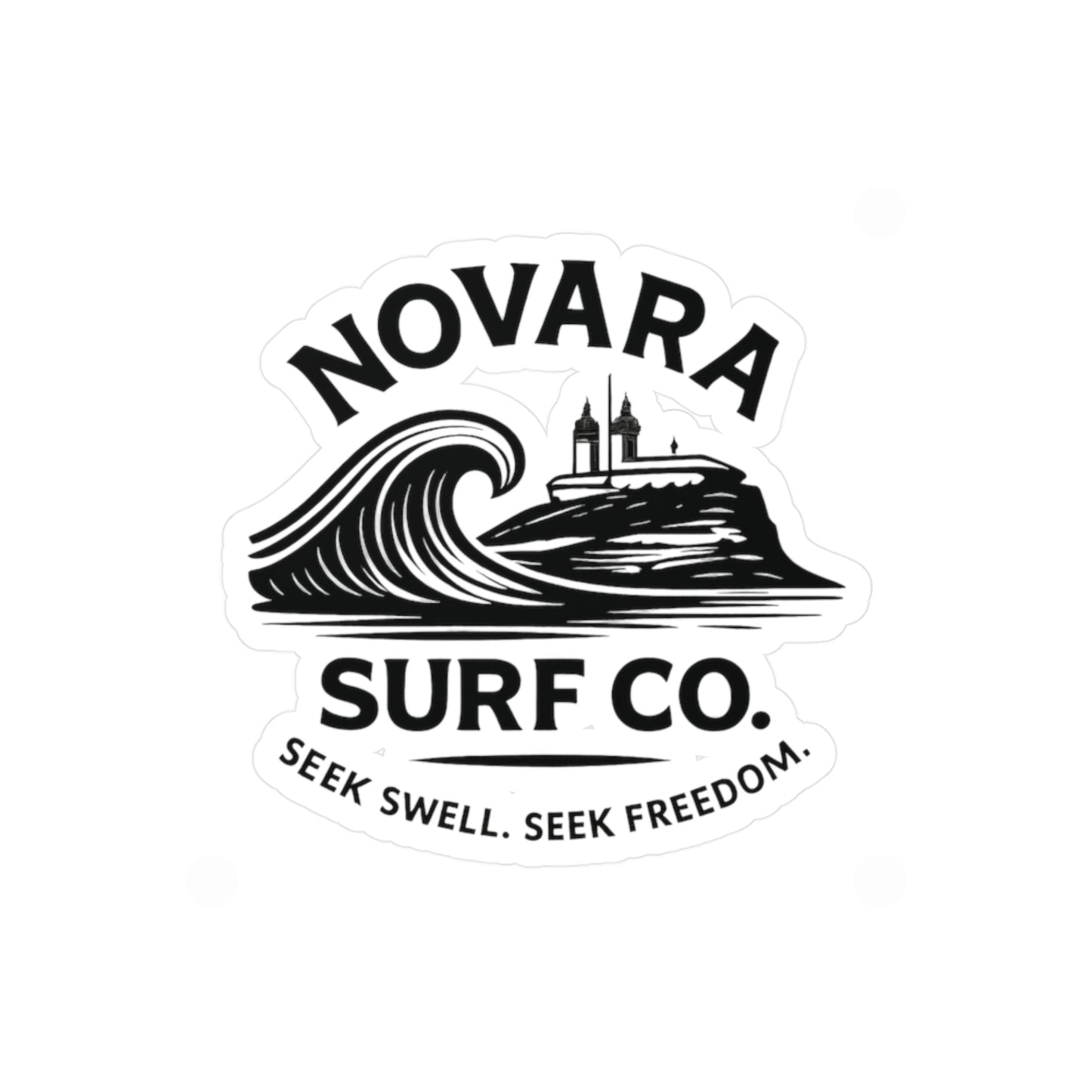 Novara Surf Co. Kiss-Cut Vinyl Sticker — Wave & Lighthouse Decal, “Seek Swell. Seek Freedom.”