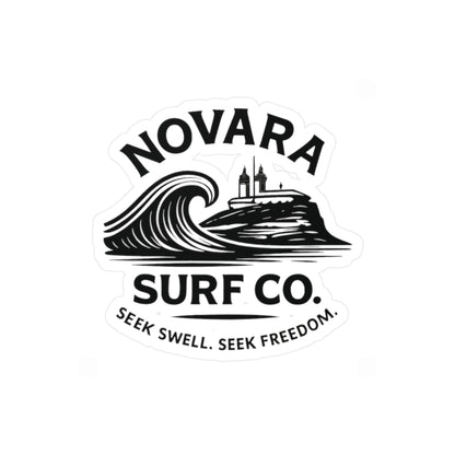 Novara Surf Co. Kiss-Cut Vinyl Sticker — Wave & Lighthouse Decal, “Seek Swell. Seek Freedom.”