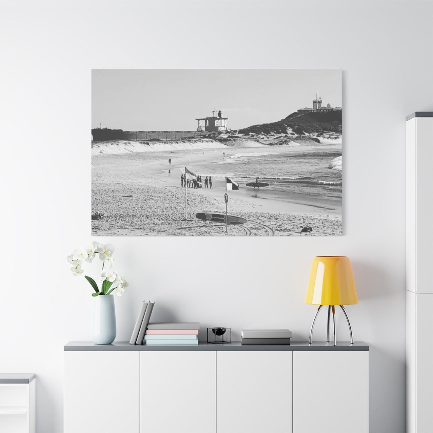 Nobbys Line-Up – Black & White Coastal Canvas