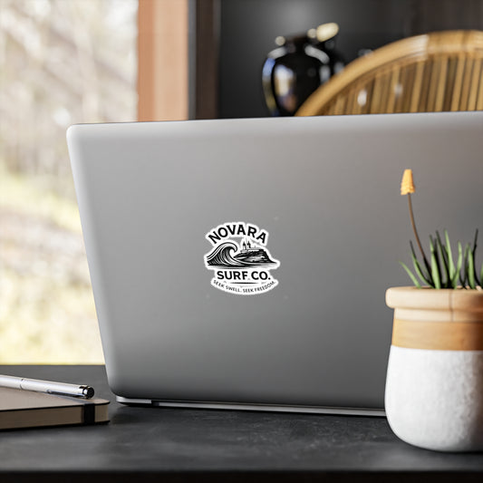 Novara Surf Co. Kiss-Cut Vinyl Sticker — Wave & Lighthouse Decal, “Seek Swell. Seek Freedom.”