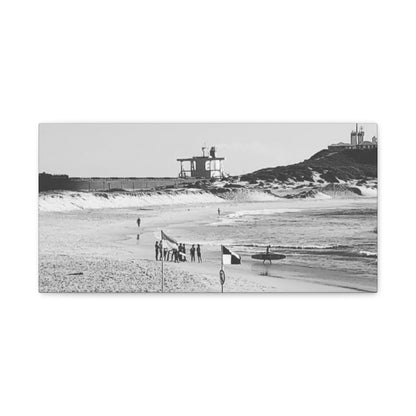 Nobbys Line-Up – Black & White Coastal Canvas