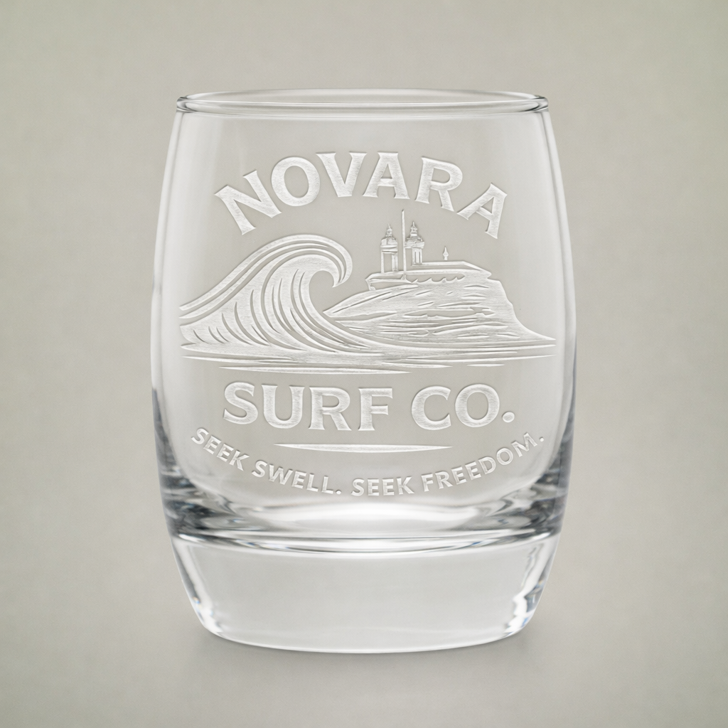 Engraved Whiskey Glass 6oz — Novara Surf Co. Logo (Seek Swell, Seek Freedom)