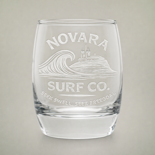 Engraved Whiskey Glass 6oz — Novara Surf Co. Logo (Seek Swell, Seek Freedom)